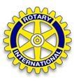 A yellow and blue rotary international logo on a white background.