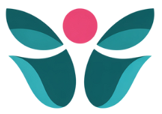 Teal and white abstract logo with pink circle in center, resembling a person with outstretched wings.