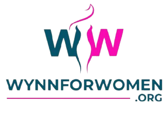 Teal and white abstract logo with pink circle in center, resembling a person with outstretched wings.