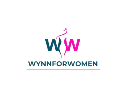 Logo for Wynn for Women, featuring a teal abstract figure with a pink dot in the center and 