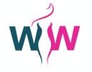 Teal and white abstract logo with pink circle in center, resembling a person with outstretched wings.