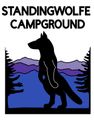 Standing wolf silhouette in front of a lake and mountains, with "STANDINGWOLFE CAMPGROUND" text.