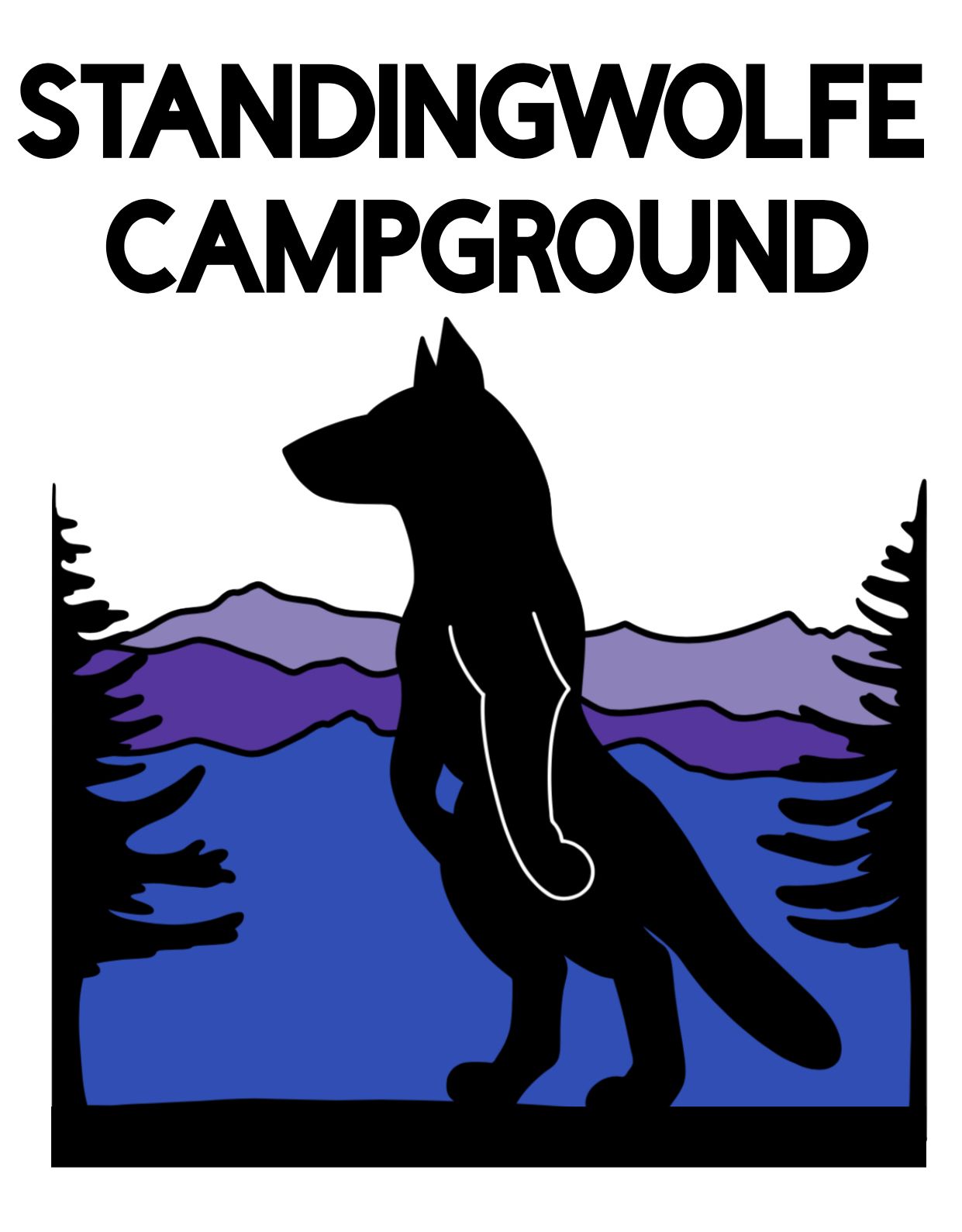 Standing wolf silhouette in front of a lake and mountains, with