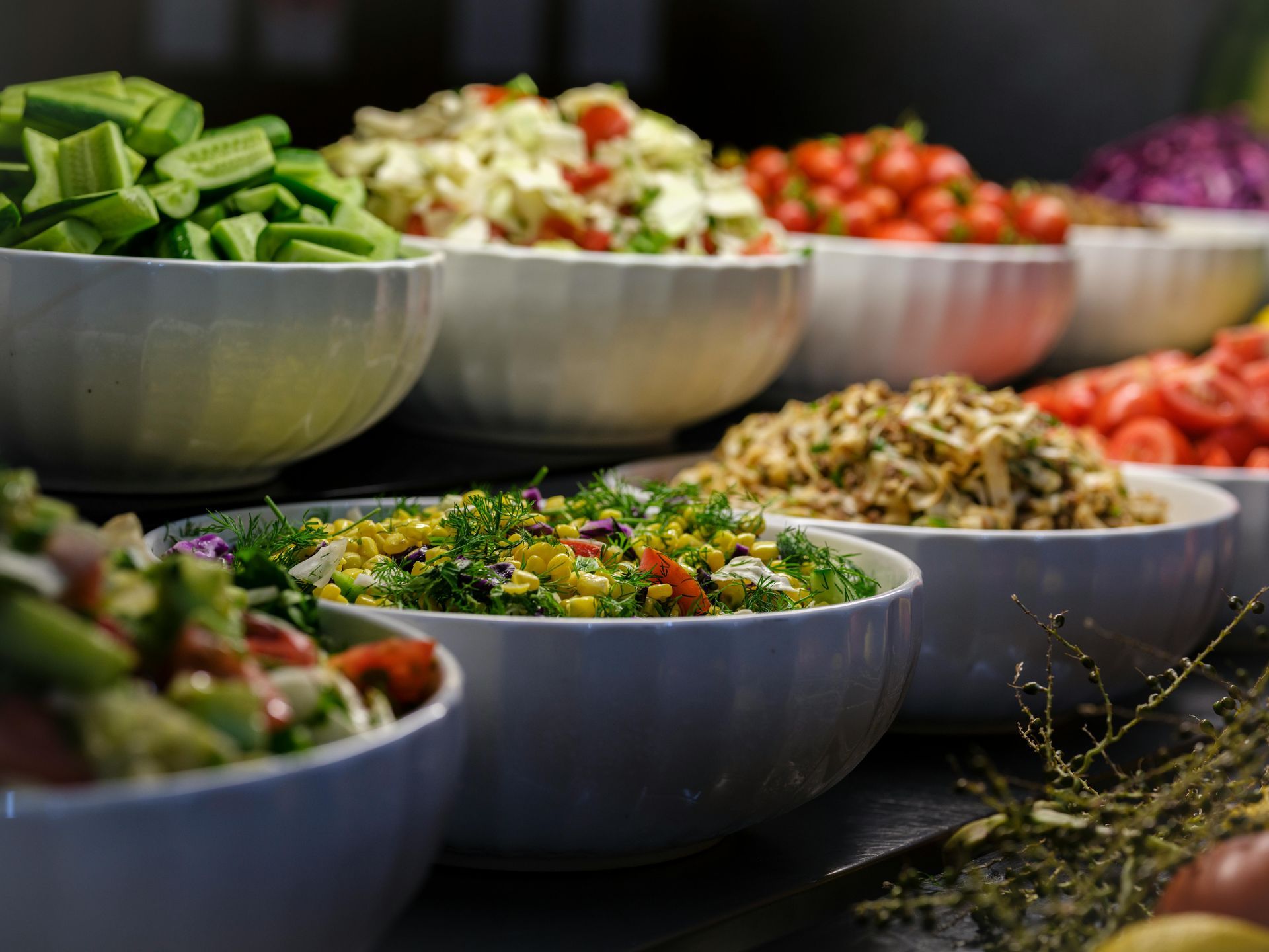 Bowls of colorful salad ingredients, including cucumbers, tomatoes, and cabbage.