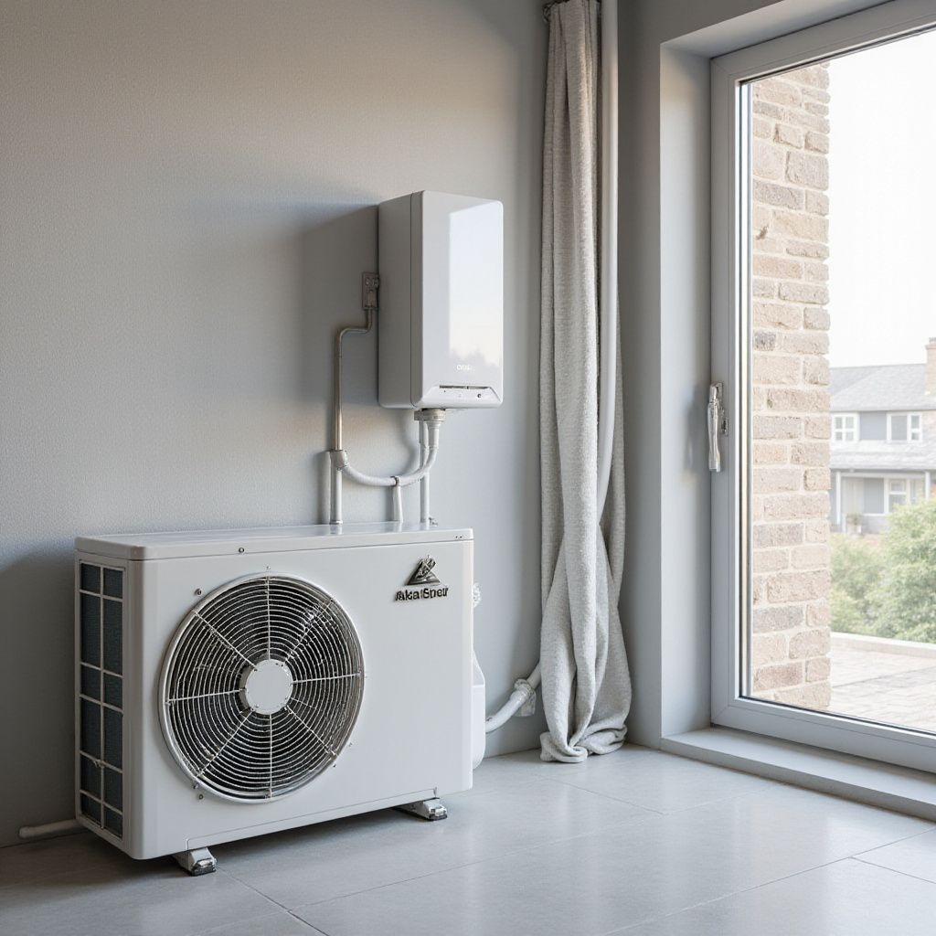 Pompe à chaleur et chauffe-eau blancs à côté d'une fenêtre avec un rideau.