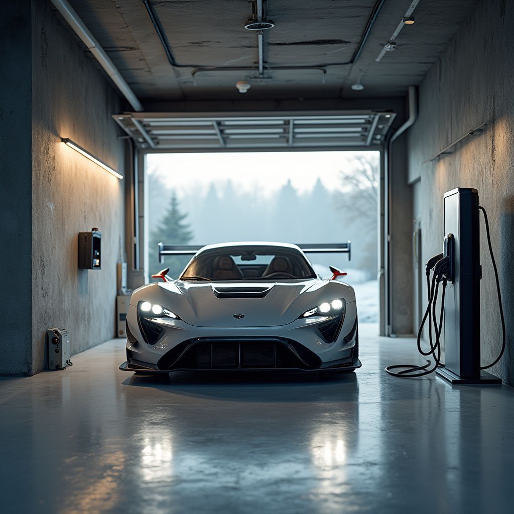 Voiture de sport blanche dans un garage, porte ouverte, face à une borne de recharge, paysage enneigé en arrière-plan.