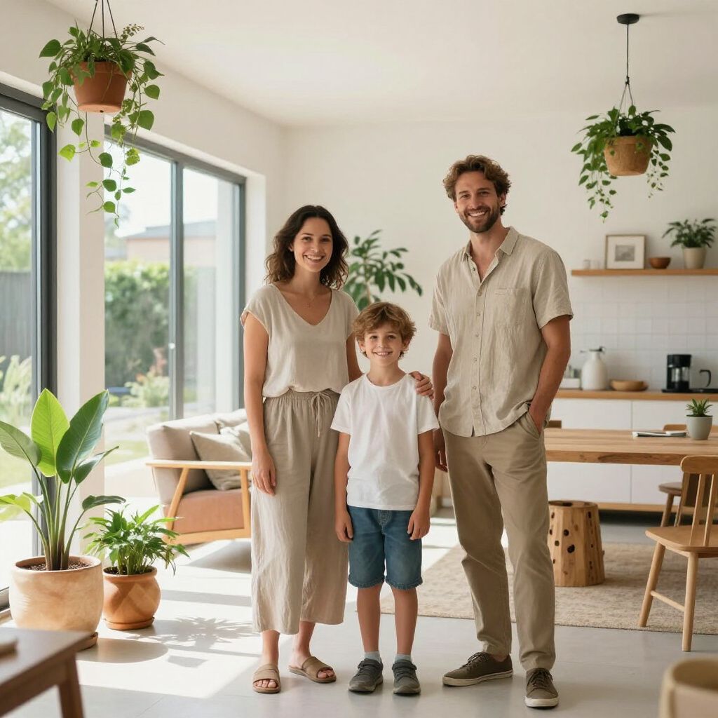 Une famille de trois personnes sourit dans un salon moderne et lumineux agrémenté de plantes.