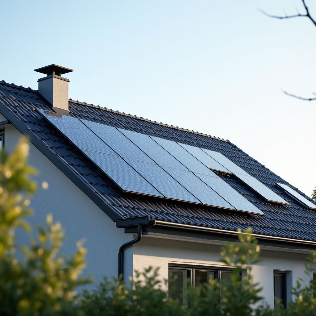 Panneaux solaires sur le toit d'une maison, avec une cheminée et de la végétation environnante sur fond de ciel bleu.