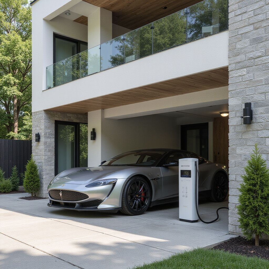 Voiture de sport électrique argentée en charge dans un garage moderne.