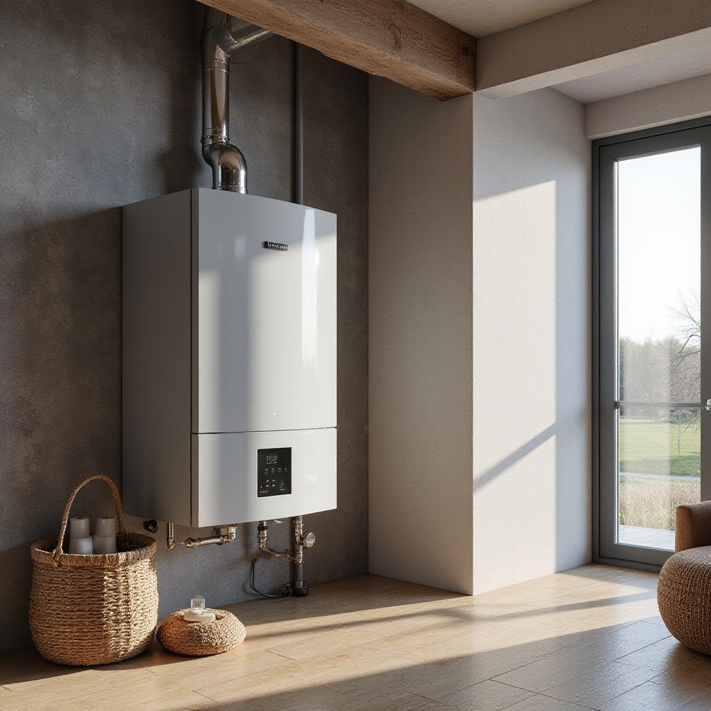 Chaudière murale blanche dans une pièce avec un panier, un petit pouf rond et une porte donnant sur une cour verdoyante.