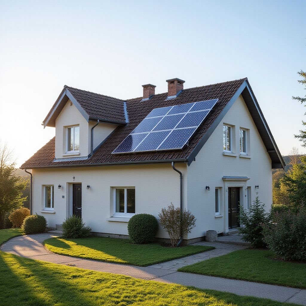 Maison avec panneaux solaires sur le toit, entourée de pelouse et d'arbres.