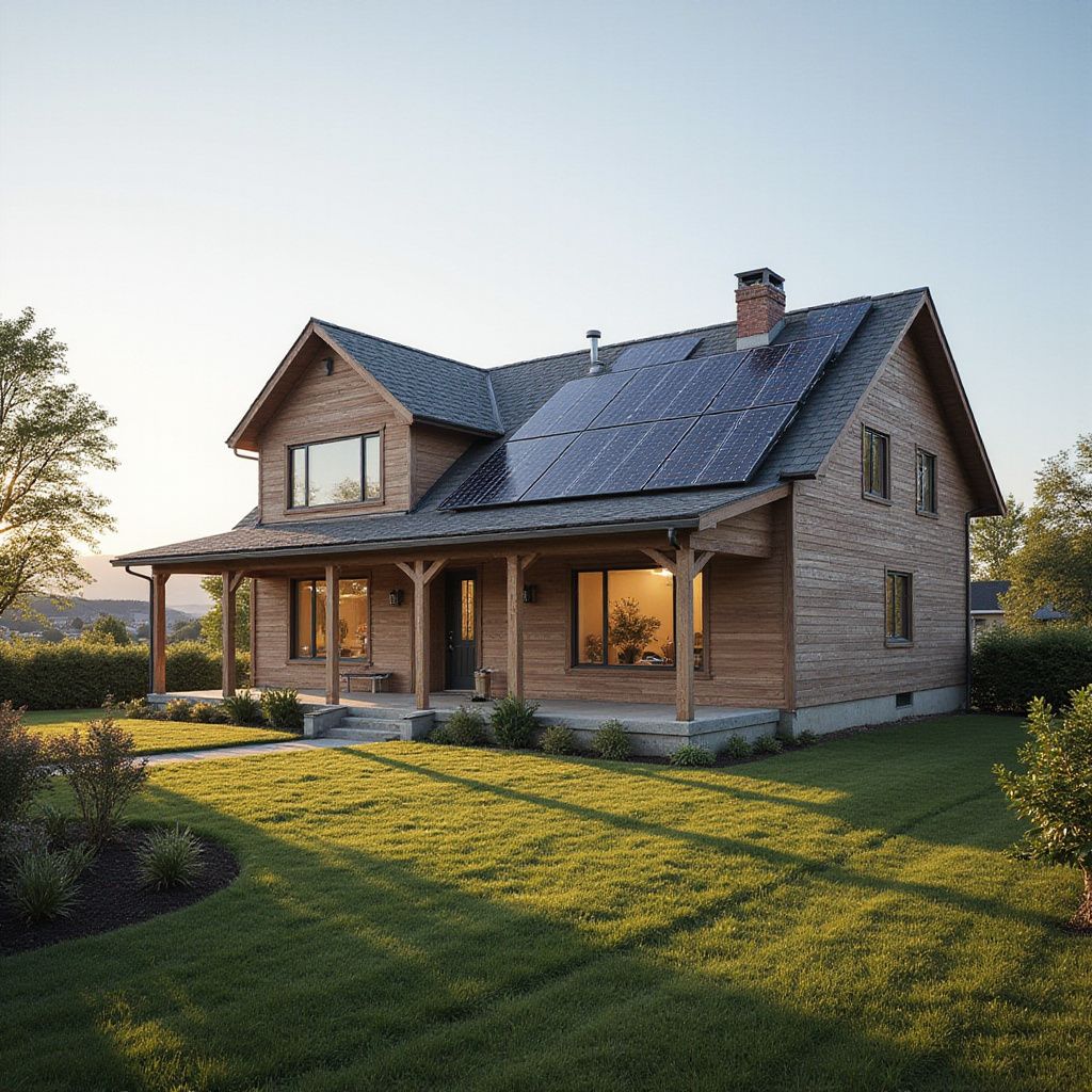 Maison en bois avec panneaux solaires sur le toit, pelouse verte, porche et ciel dégagé.