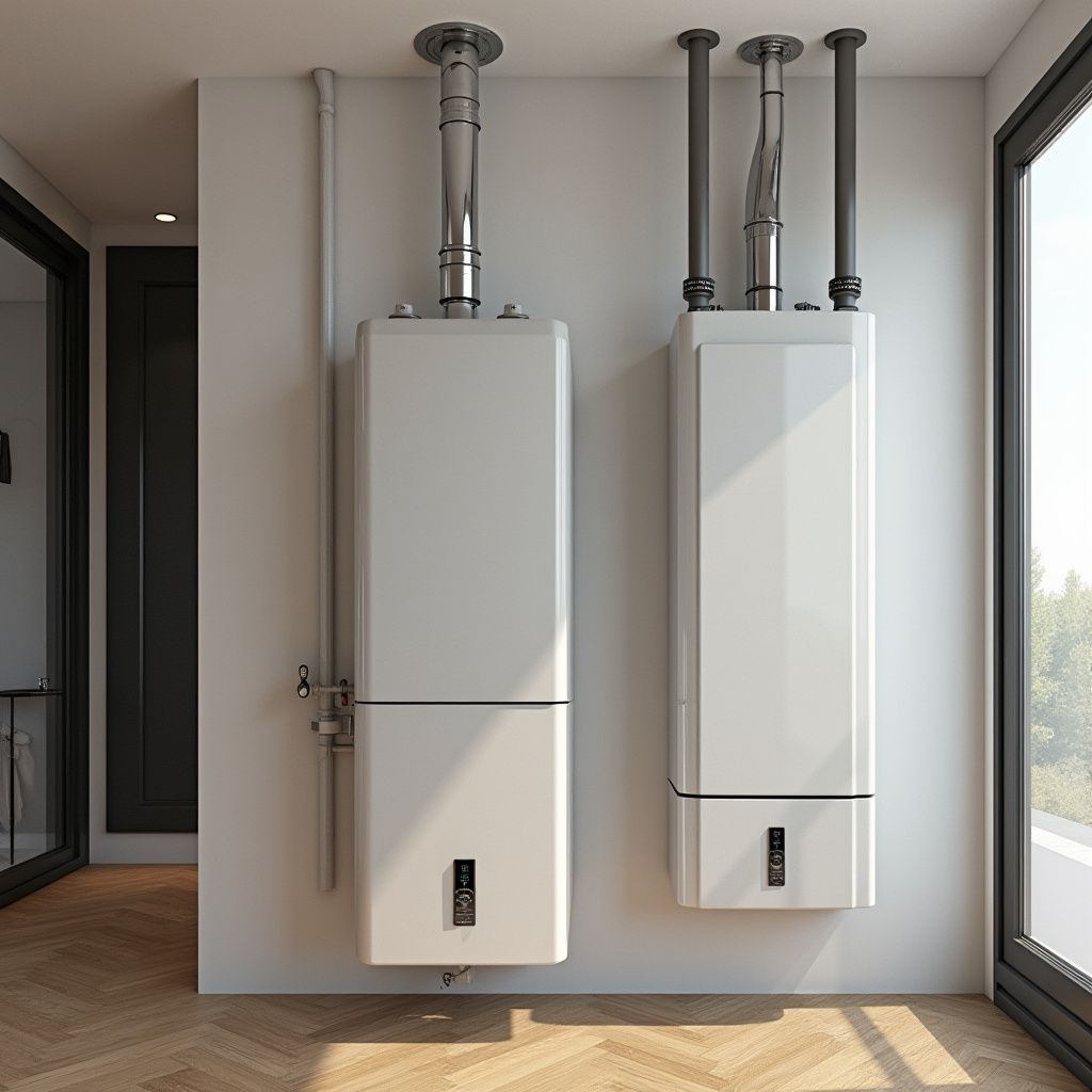 Deux chaudières murales blanches avec des tuyaux d'évacuation argentés dans une pièce moderne avec une fenêtre.