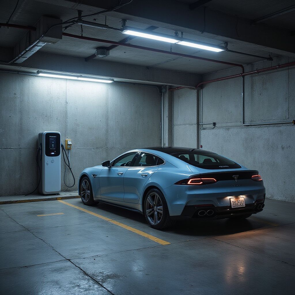 Une voiture électrique bleu clair est en charge dans un garage en béton. Une borne de recharge se trouve à gauche.
