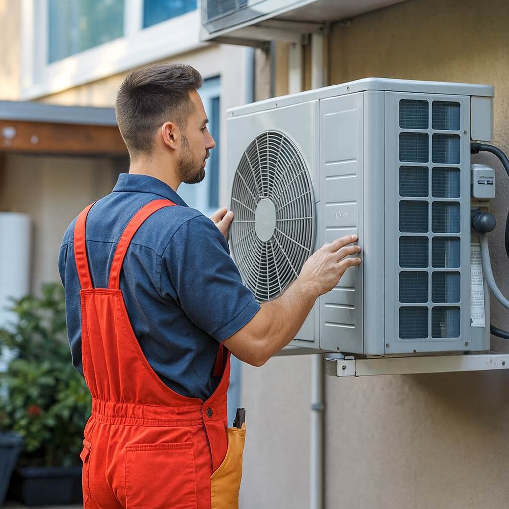 Une personne en salopette orange inspecte un climatiseur extérieur fixé au mur.