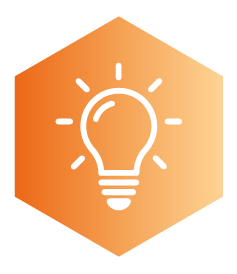 Icône d'ampoule blanche avec des rayons dans un hexagone orange.