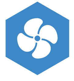 Icône d'éventail blanc dans un hexagone bleu.