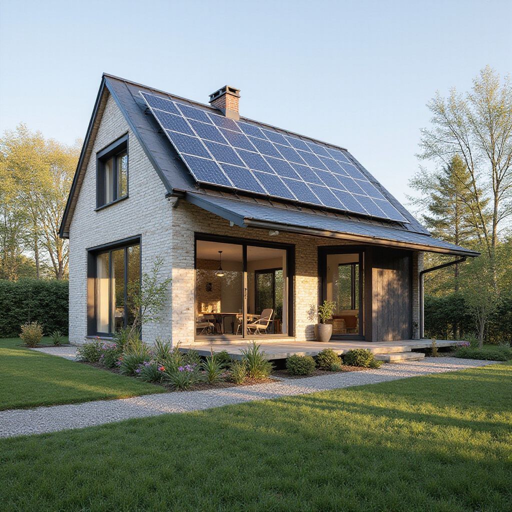Petite maison en briques blanches avec panneaux solaires sur le toit et grandes fenêtres, entourée d'une pelouse verte et d'arbres.