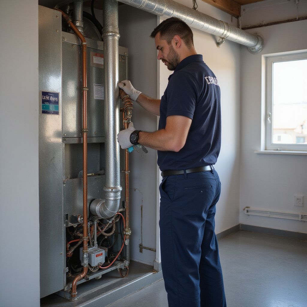 Un technicien en uniforme de la marine inspecte les tuyaux de la chaudière dans une pièce avec une fenêtre.