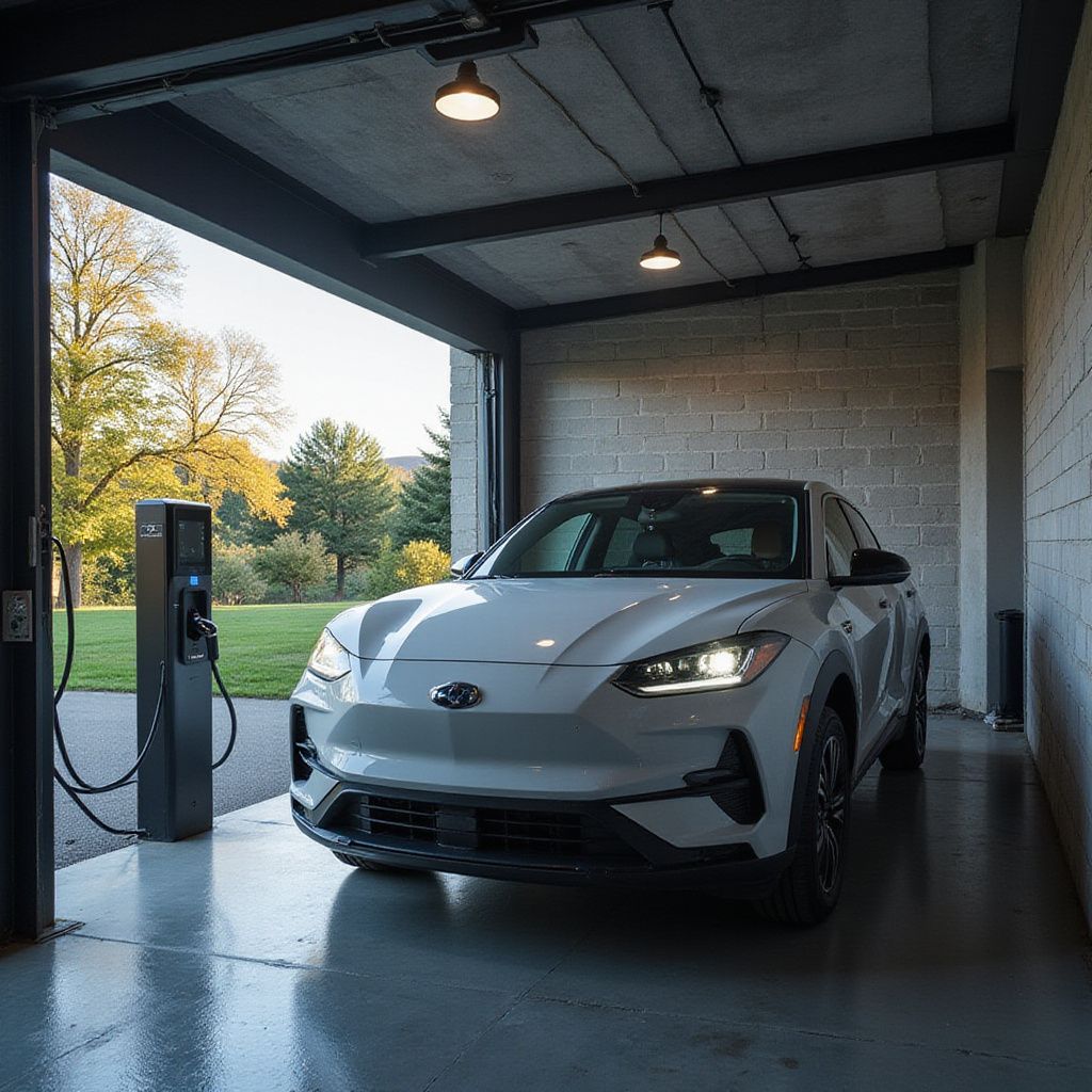 Un SUV électrique blanc en charge dans un garage moderne équipé d'une borne de recharge et d'une porte ouverte, donnant sur un paysage verdoyant.