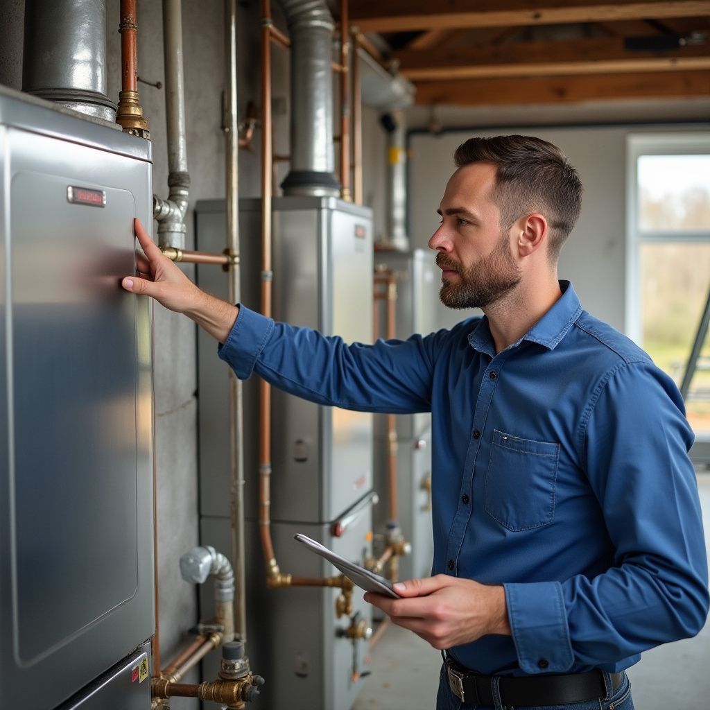 Un homme inspecte un système de chauffage, ventilation et climatisation, pointant du doigt et tenant une tablette dans le local technique.