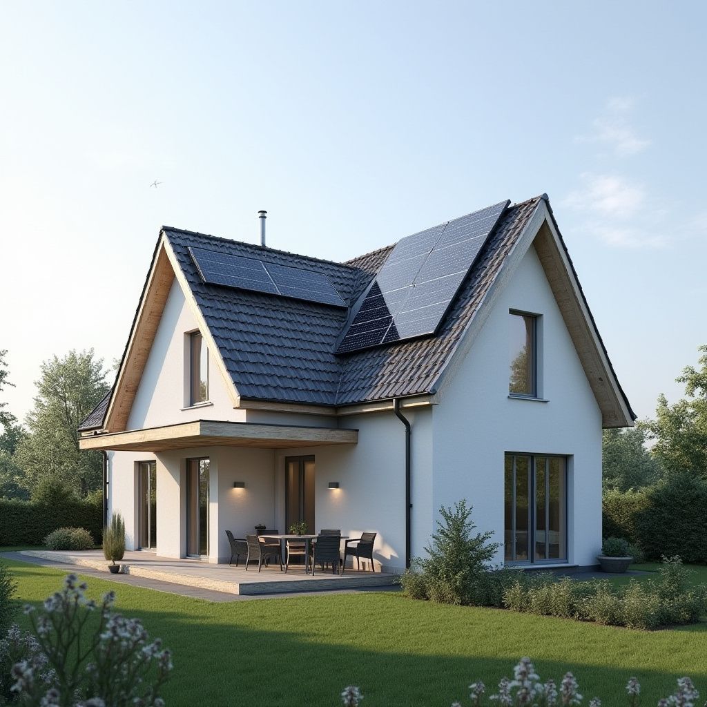Maison blanche à deux étages avec panneaux solaires sur le toit et une terrasse avec table et chaises dans un jardin gazonné.