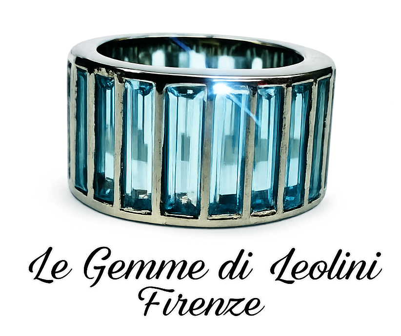 Un ampio anello in argento con gemme verticali a taglio baguette di colore azzurro chiaro, sopra la scritta 