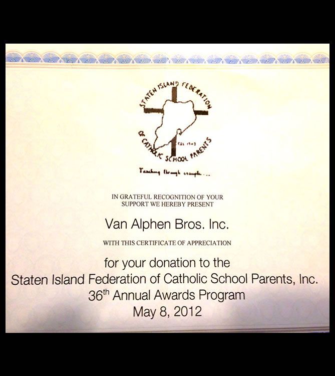 A certificate from the staten island federation of catholic school parents