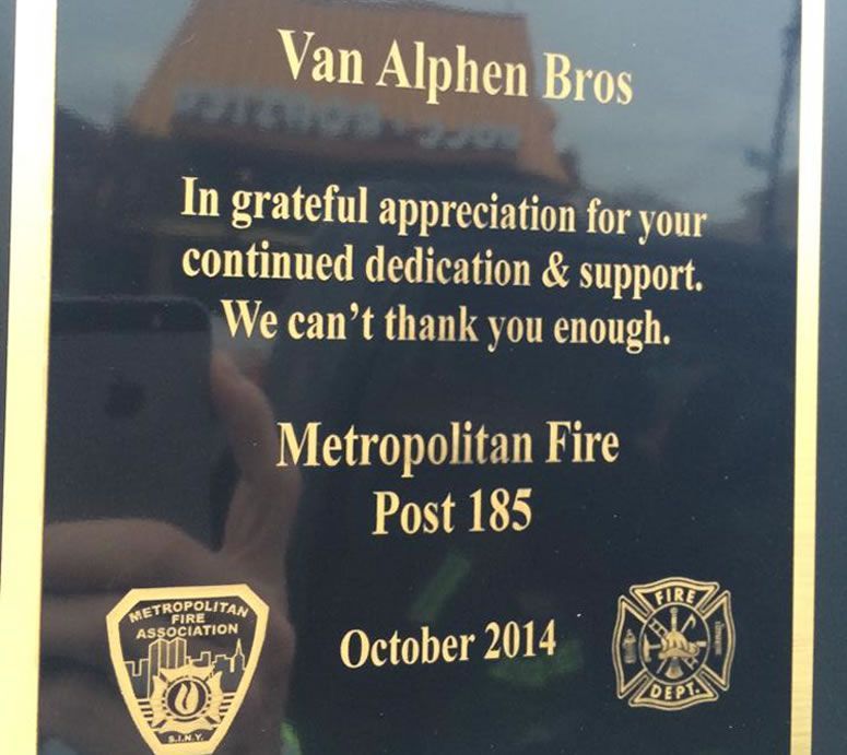 A plaque that says van alphen bros on it