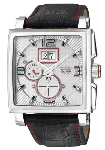 Un orologio quadrato con cinturino in pelle nera mostra la data come 27