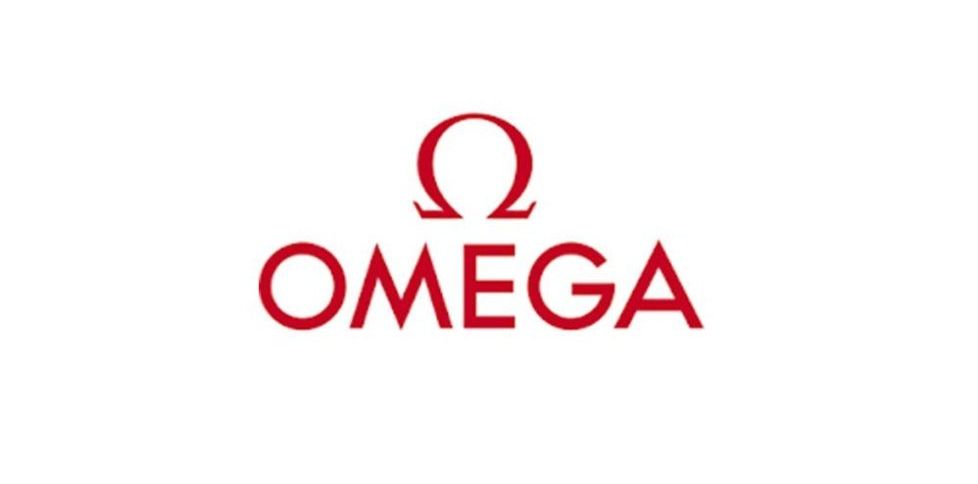 Il logo omega è rosso e bianco su sfondo bianco.