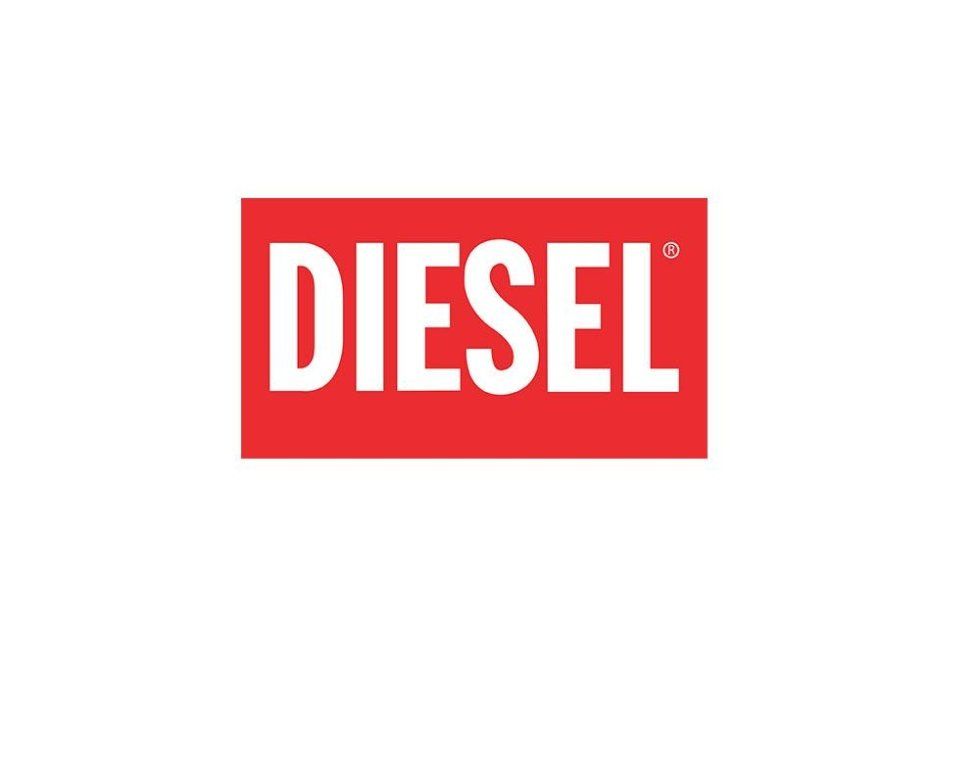 Un logo diesel rosso e bianco su sfondo bianco.