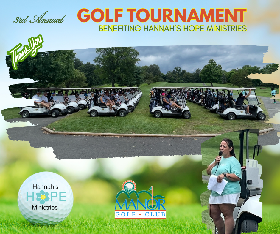 Golf tournament for Hannah's Hope Ministries at Manor Golf Club, with golfers in carts and a speaker.