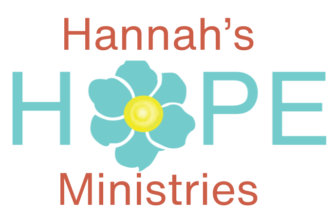 Hannah's Hope Ministries logo. Teal flower in the word HOPE, with coral text above and below: 