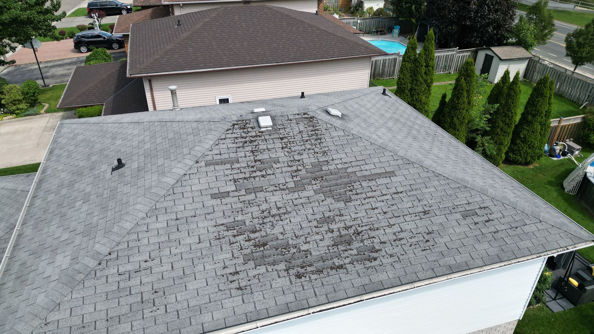 An aerial view of a roof of a house