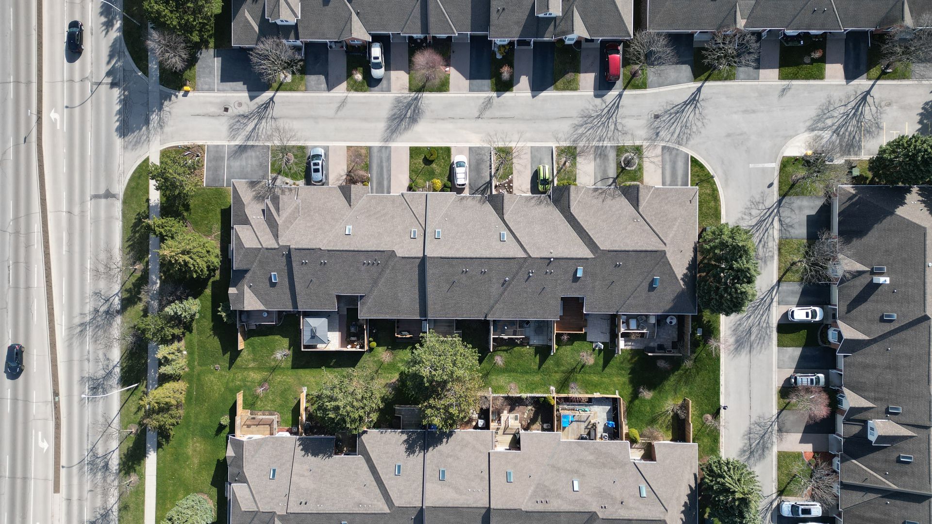 An aerial view of a residential area with lots of houses