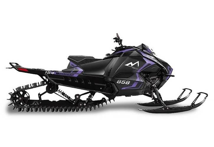 Black and purple snowmobile with a deep track, on a white background.
