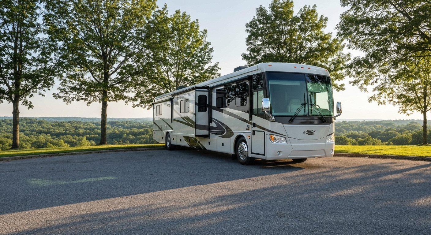 RV parked on gravel, overlooking a scenic landscape with trees.