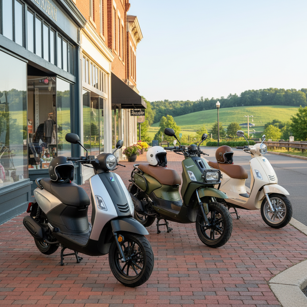 Three scooters parked on a brick sidewalk in front of a store. Green, silver, and tan scooters with helmets.