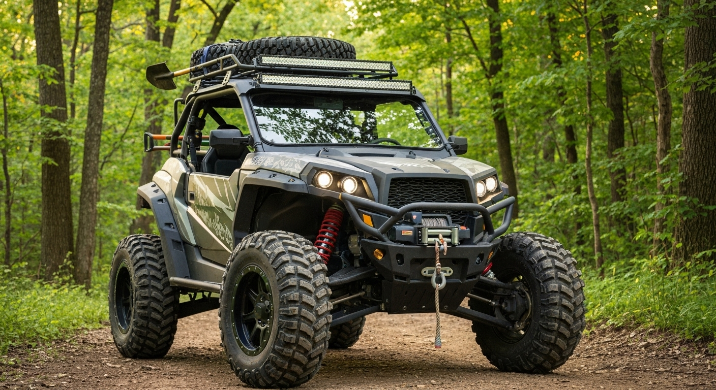 Off-road vehicle with large tires, a winch, and a roof rack, driving on a dirt road in a forest.