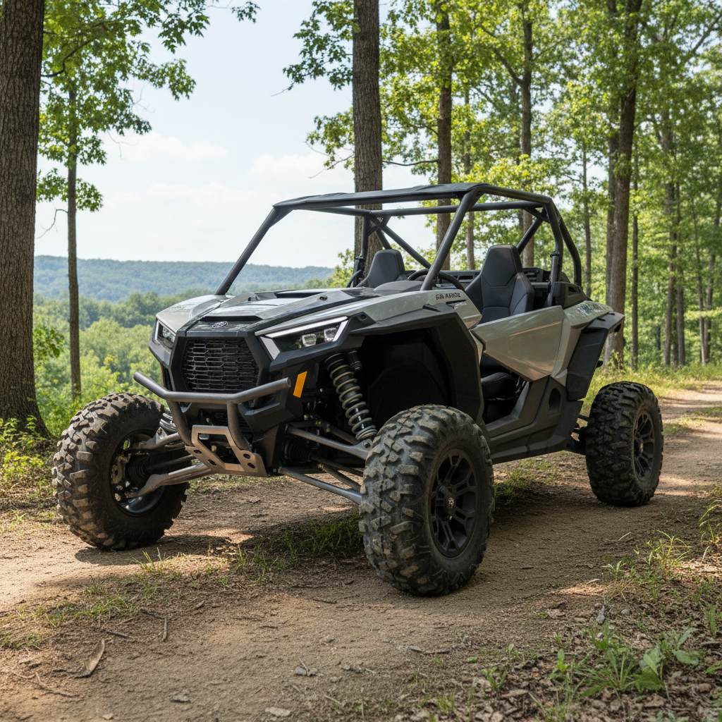 Gray and black off-road vehicle parked on a dirt trail in a forest with a scenic background.