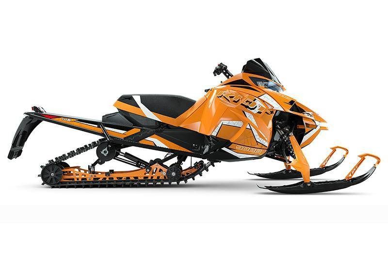 Orange and black snowmobile angled right on a white background.