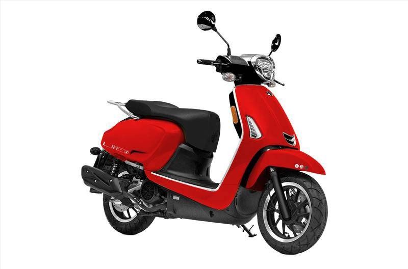 Red scooter, two wheels, black seat, on a white background.