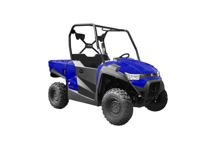 Blue and gray UTV (utility terrain vehicle) with black roll cage, on a white background.