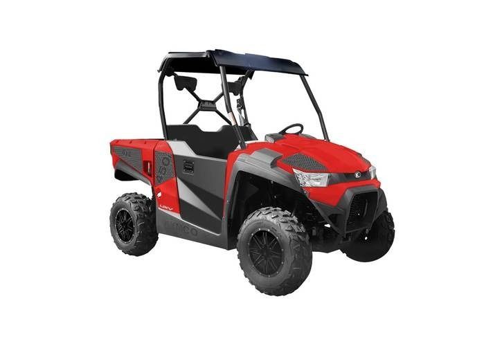 Red and gray side-by-side UTV with a black roof, parked on a white background.