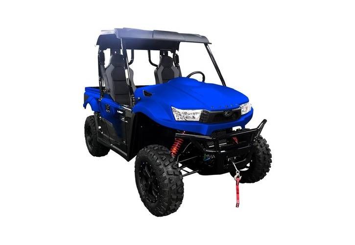 Blue side-by-side UTV with roll cage and black tires, on a white background.