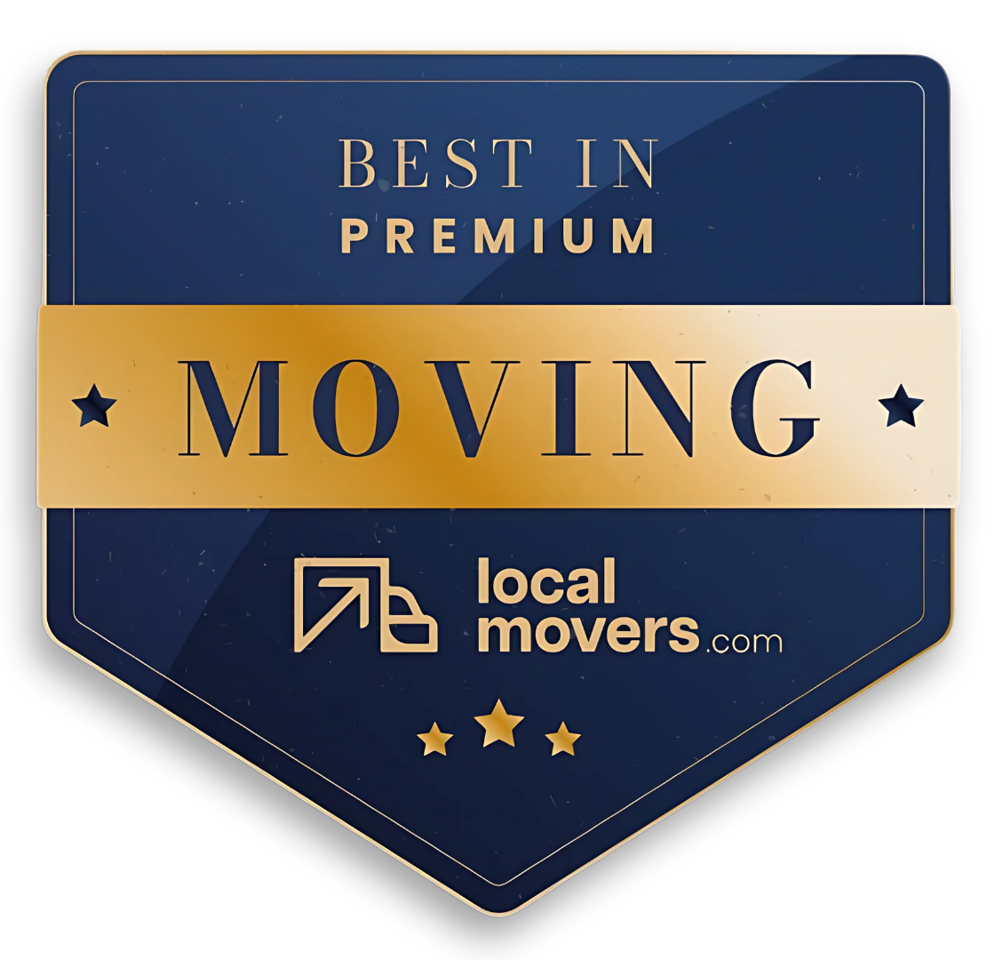 A blue and gold badge that says best in premium moving