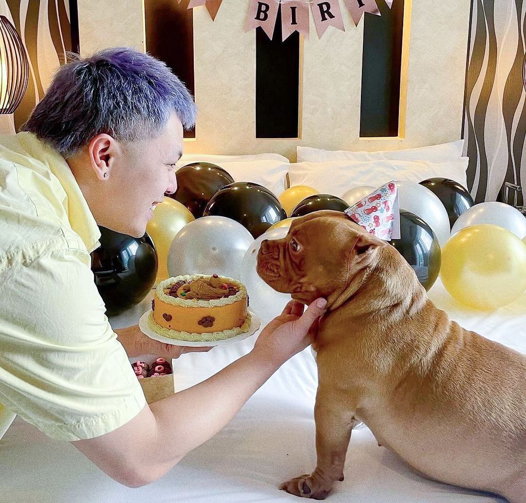 A man is petting a dog while holding a birthday cake in pet-friendly hotel Makati