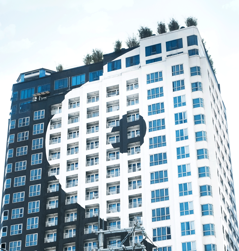 A tall building with a yin-yang design on the facade, black and white sides with many windows.