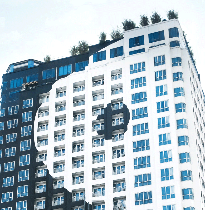 Y2 Residence Hotel's distinctive black and white facade in Makati, an affordable hotel offering stylish staycation accommodations